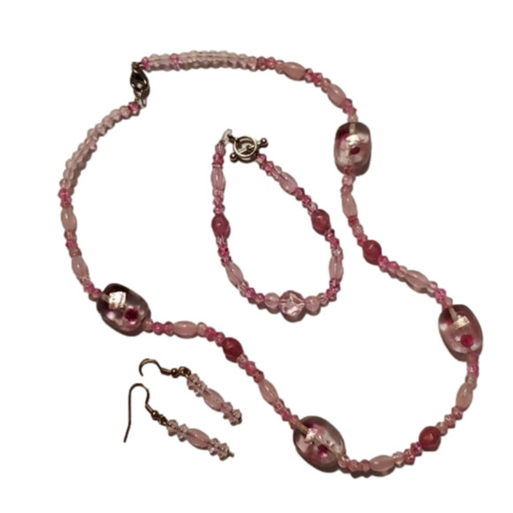 Handcrafted Pink Glass Beaded Jewelery Set - Picture 1 of 6